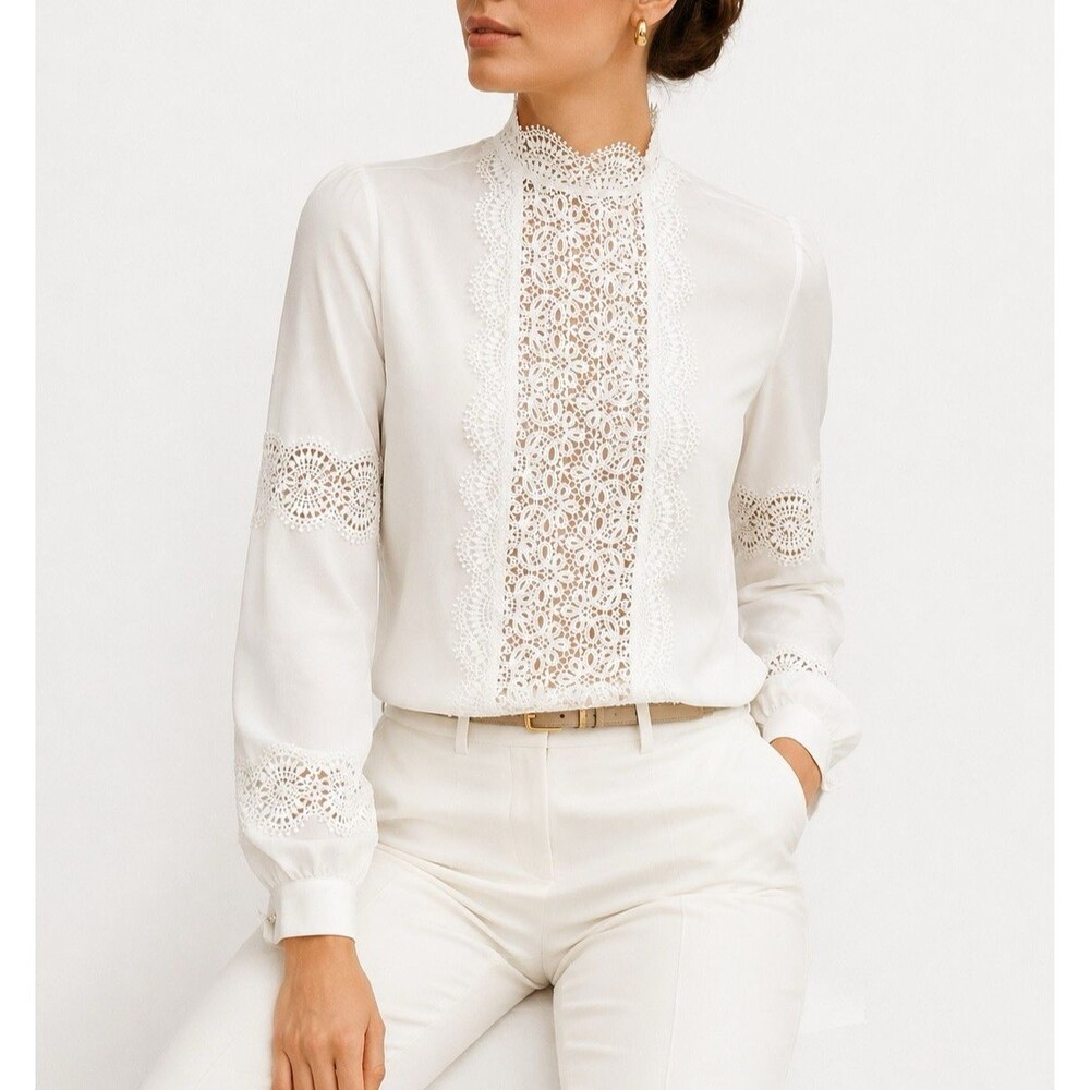 Anne Fontaine Lazuli White Lace Blouse Size 12 High Neck Embroidered Long Sleeve
